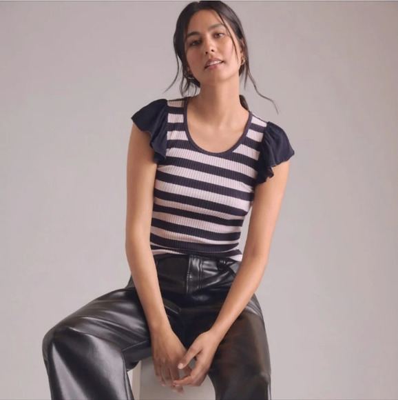Anthropologie t.la Flutter Sleeve Ribbed Knit Tee - Picture 2 of 10